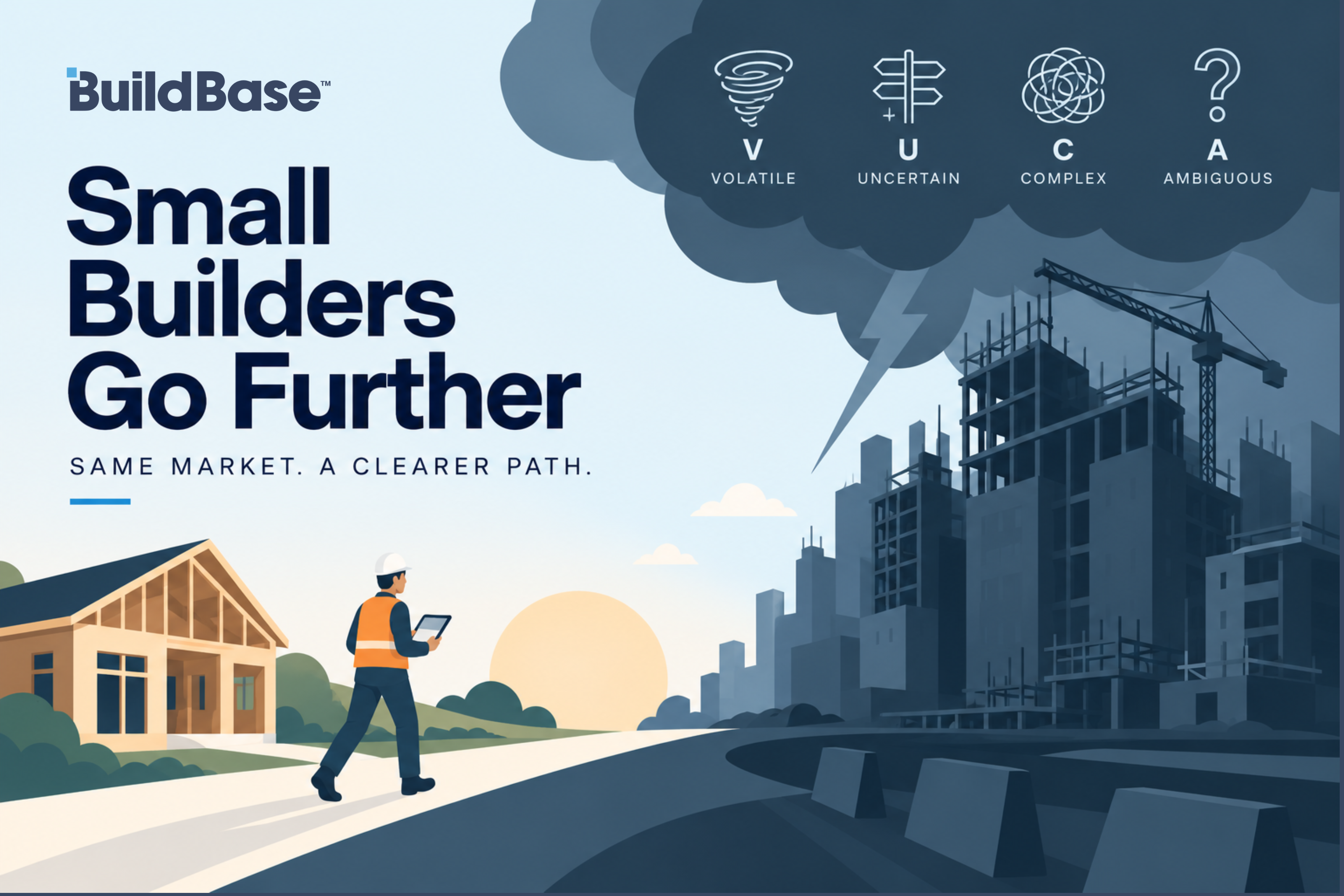 Home builder competitive advantage: a builder walking toward a new home, away from a stormy city skyline