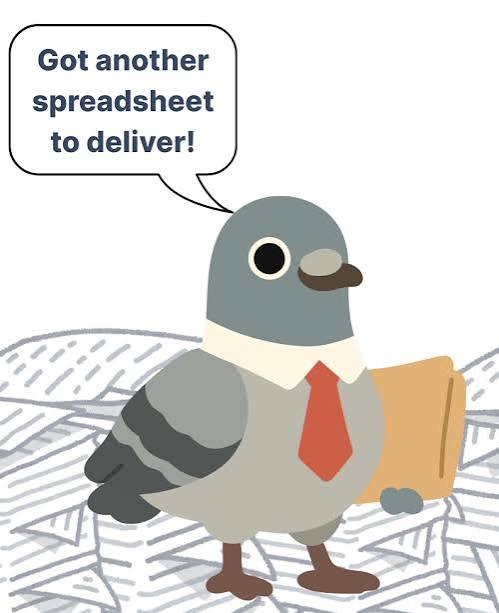 Disconnected home builder software: cartoon pigeon in a tie carrying a folder, saying "Got another spreadsheet to deliver!"