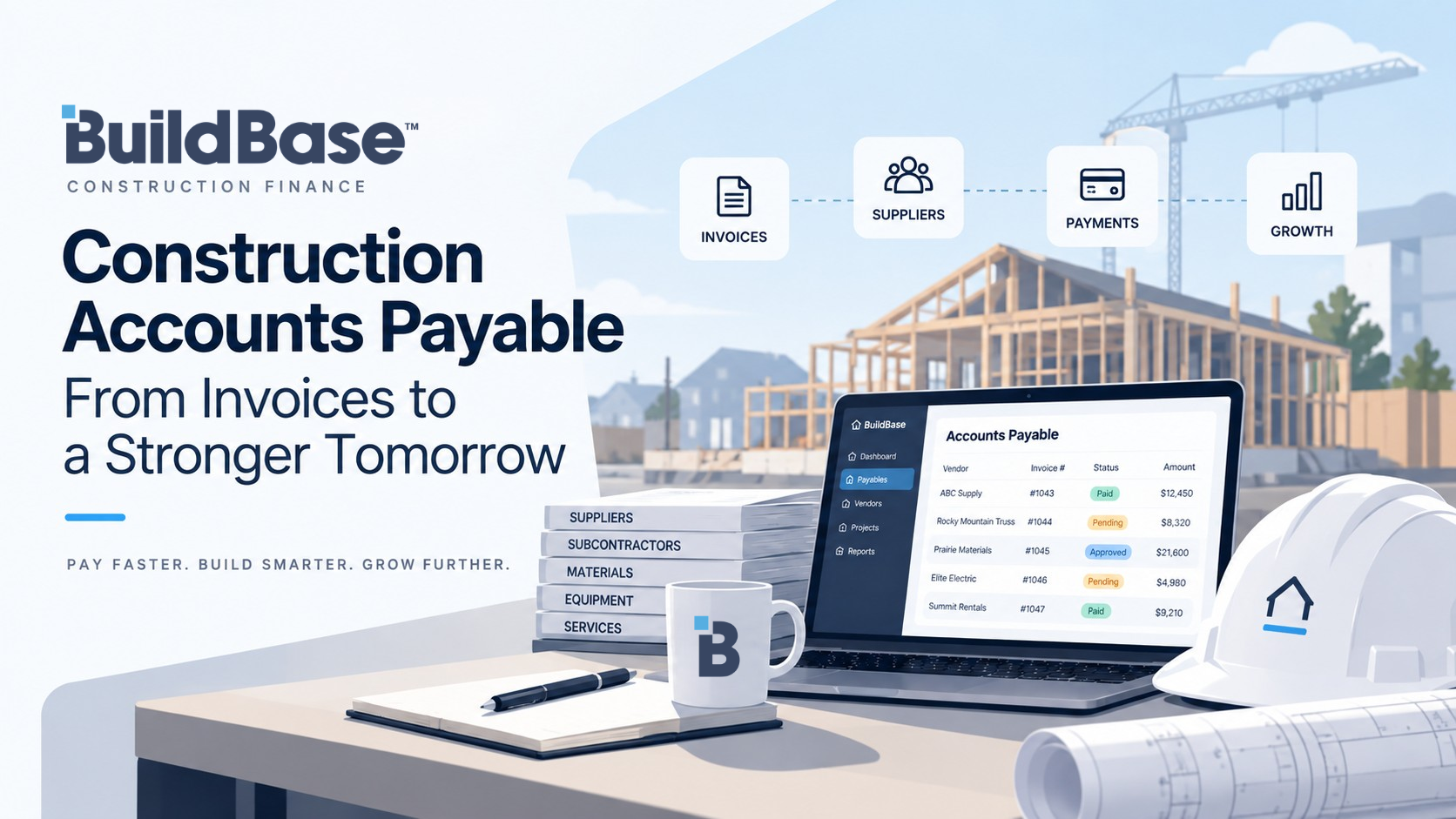 Accounts payable for home builders: an AP dashboard on a laptop, with a house being framed behind