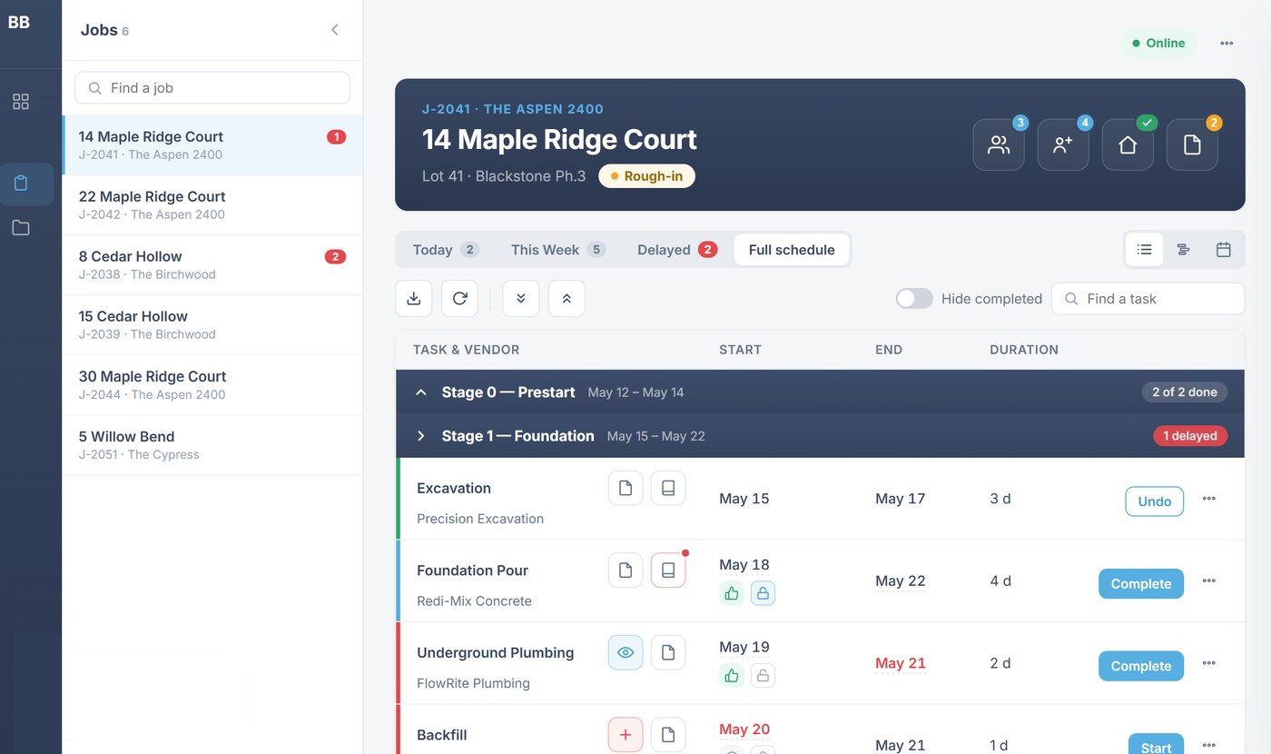 BuildBase Construct: the build schedule for 14 Maple Ridge Court, with delayed tasks flagged