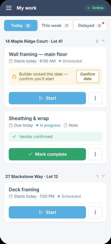 BuildBase vendor portal on mobile: today’s tasks with start, confirm date and mark complete actions